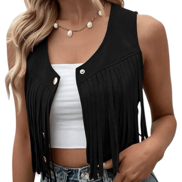 SweatyRocks Women's L Suede Fringe Trim Sleeveless Crop Vest Jacket Button Front - Picture 1 of 9